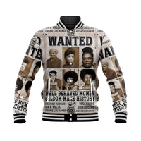 Baseball jacket with WANTED portrait collage and black striped ribbed cuffs