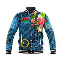 Blue unisex baseball jacket: button front, floral patch and star graphic