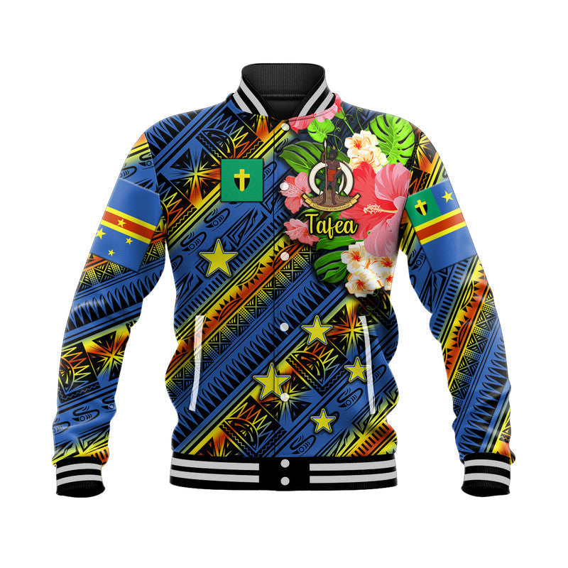 Blue baseball jacket with colorful Tafea graphic, black striped collar and cuffs
