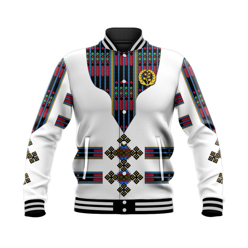 White baseball jacket with patterned panels, gold emblem, ribbed cuffs