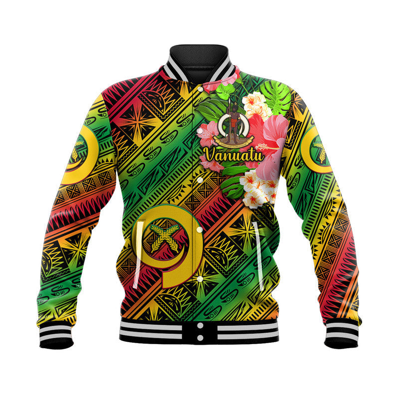 Green unisex baseball jacket with Vanuatu gradient print, floral and tribal patterns