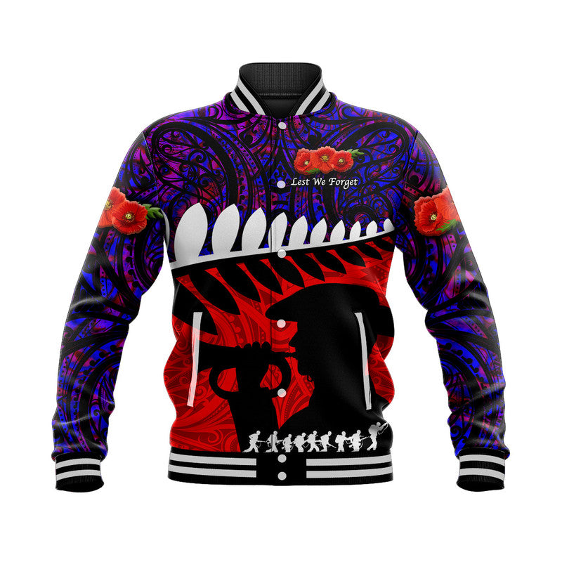 Purple varsity baseball jacket with soldier graphic, 'Lest We Forget' text; ribbed striped trim
