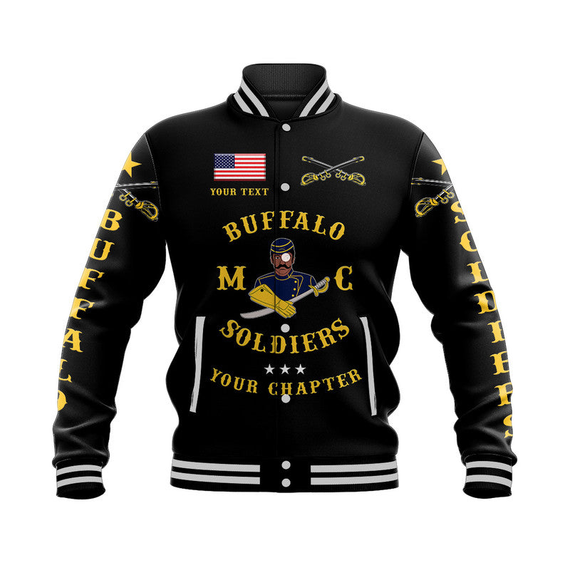 Black unisex varsity baseball jacket with ribbed collar, striped cuffs, Buffalo Soldiers front graphic
