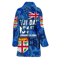 Blue Fiji Day bathrobe with hood, long sleeves, tie belt, back crest and Union Jack graphic
