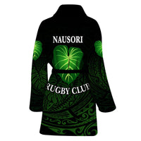 Nausori rugby club bathrobe back view, dark green/black leaf design with belt