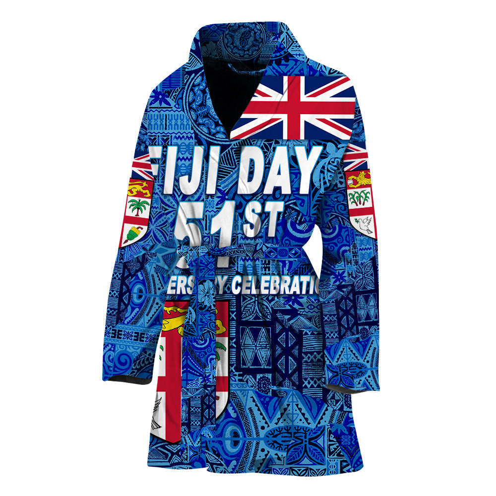 Blue Fiji Day bathrobe with hood, long sleeves, tie belt, front graphic text and flag