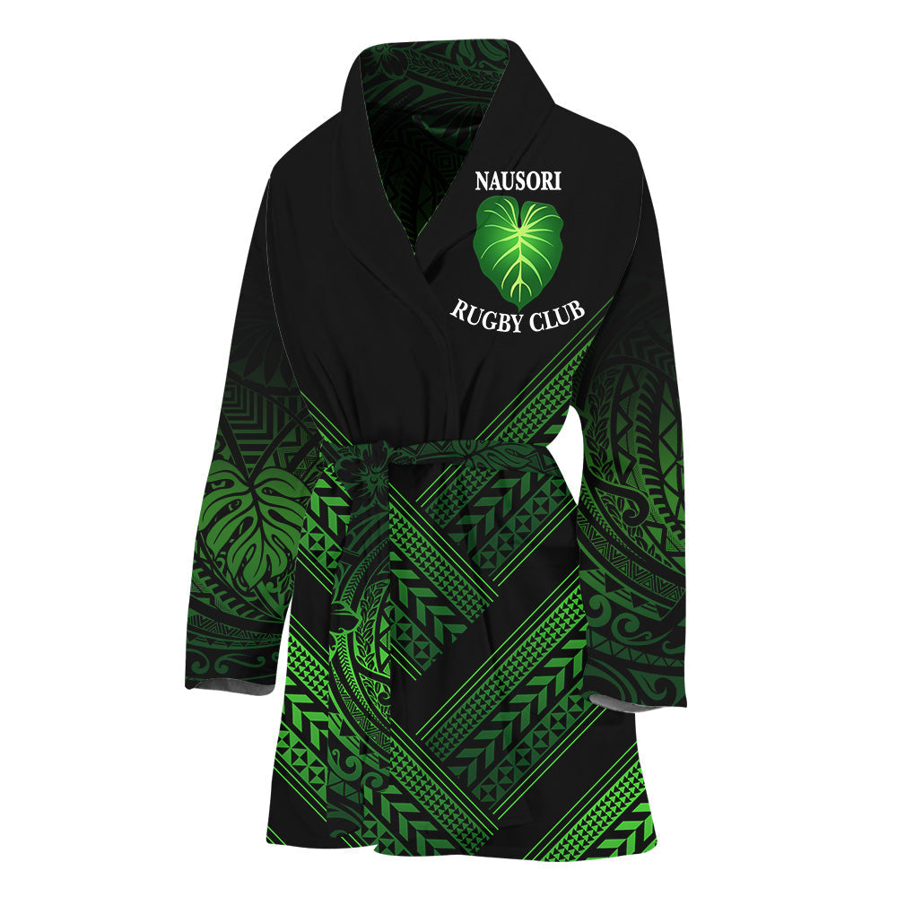 Green rugby club bathrobe with hood, belt tie, and front crest graphic, long sleeves