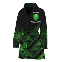 Green rugby club bathrobe with hood, belt tie, and front crest graphic, long sleeves