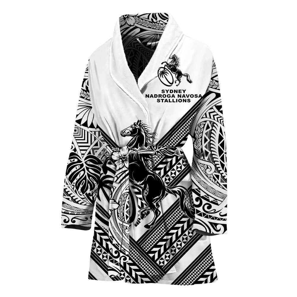 White hooded bathrobe, wrap belt; horse crest with 'SYDNEY NADROGA NAVOSA STALLIONS'