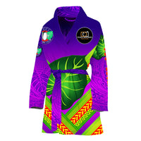 Purple Fiji Vuci rugby club bathrobe with front zip, belt tie, and crest patches