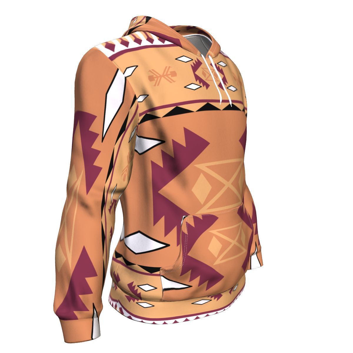 Pullover hoodie close-up of purple and tan tribal print with kangaroo pocket and hood