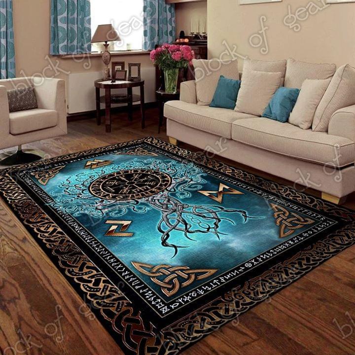 Black and teal Viking-style area rug with circular emblem and rune border, rectangular