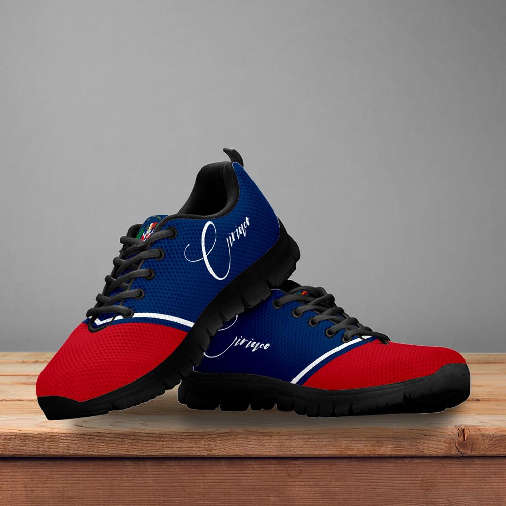 Custom sneakers with blue upper and red panels, dark outsole, and white crest patch and logo