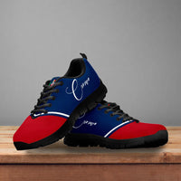 Custom sneakers with blue upper and red panels, dark outsole, and white crest patch and logo