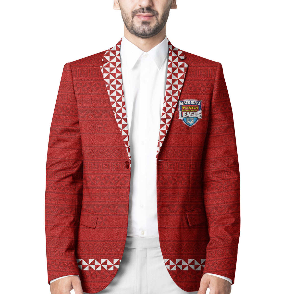 Red unisex blazer with geometric trim, crest badge on chest, notch lapels