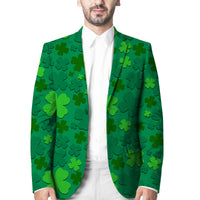 Green clover-pattern blazer with notch lapels and white dress shirt