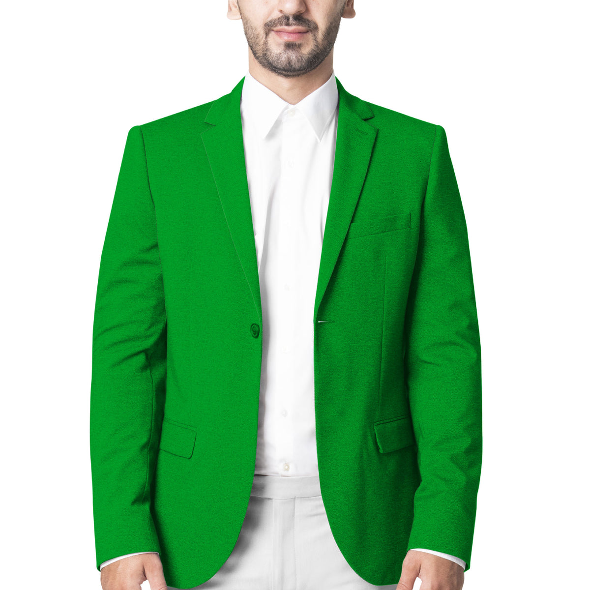 Green unisex blazer with notch lapels, front button, and flap pockets