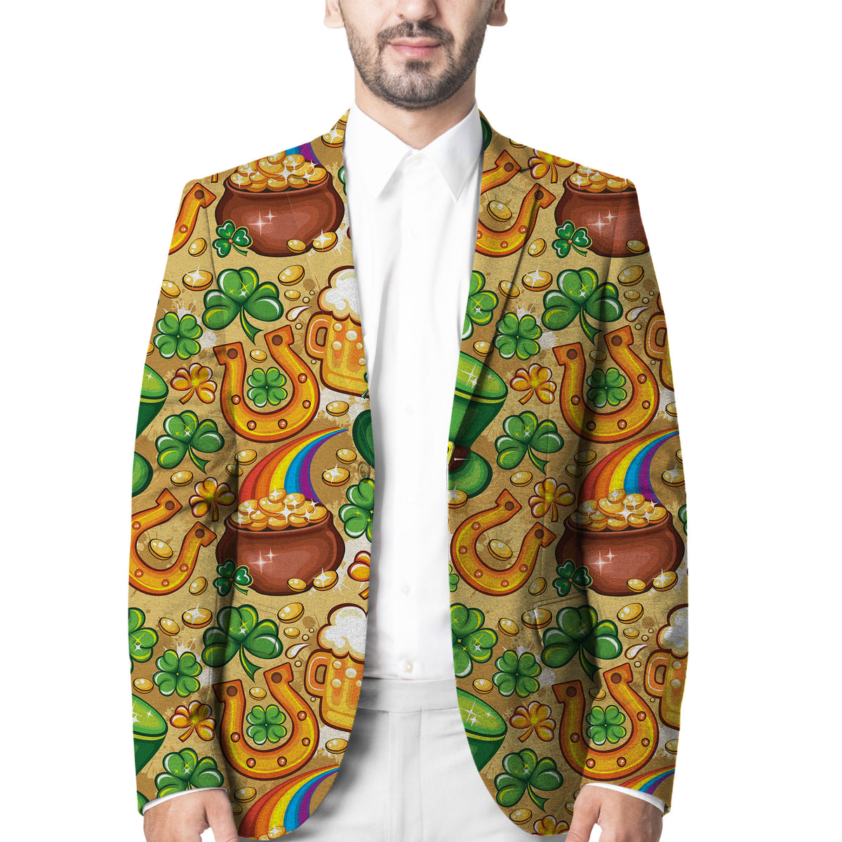 St Patrick's Day blazer with brown, green and gold shamrock and horseshoe print
