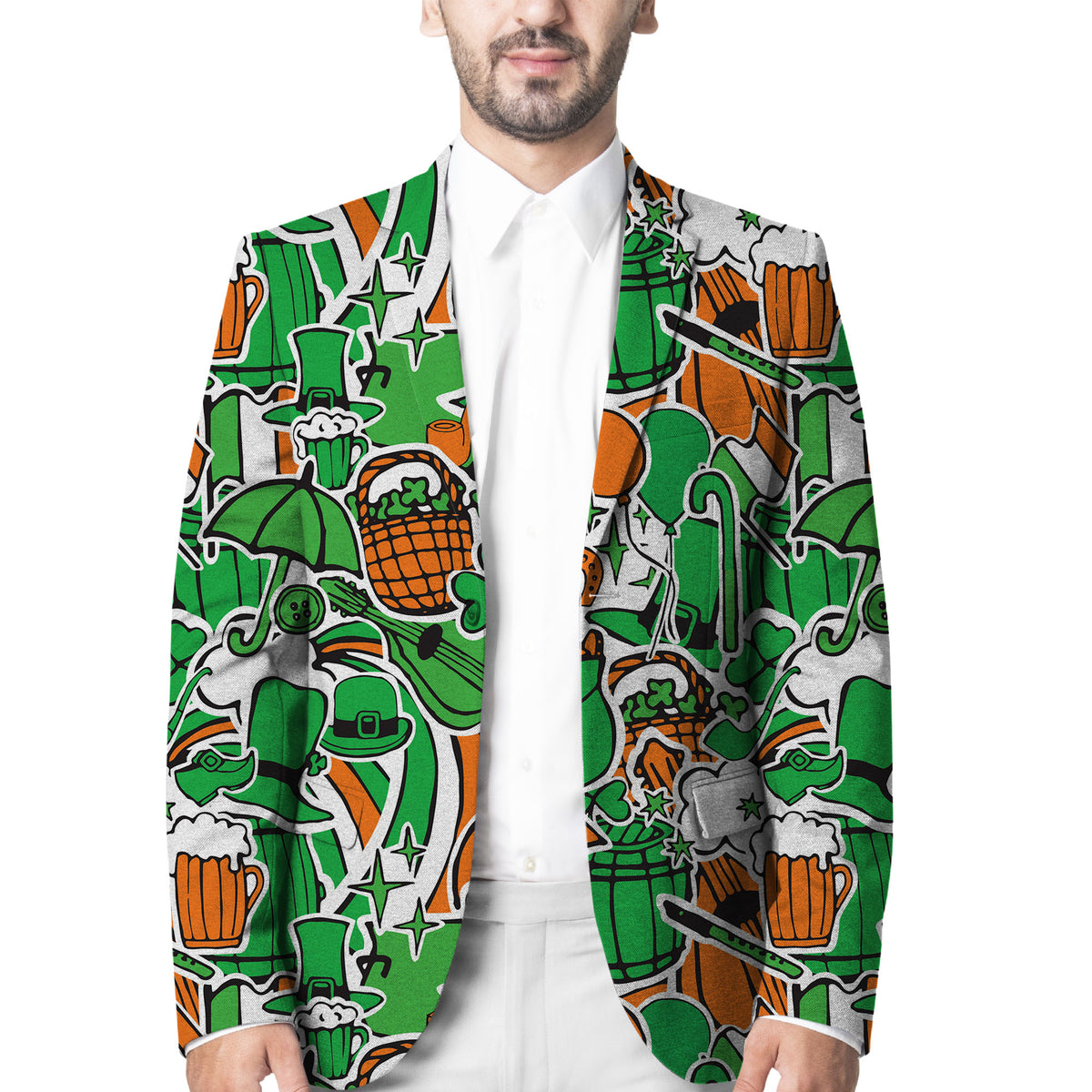 Green St Patrick’s Day blazer, allover beer-and-shamrock graphic print