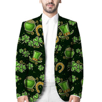 Unisex blazer with dark green shamrock and horseshoe print, notched lapels