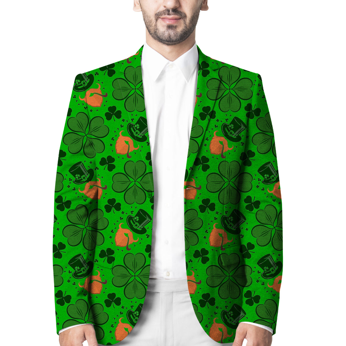 Green blazer with notch lapels and shamrock, hat, horseshoe pattern