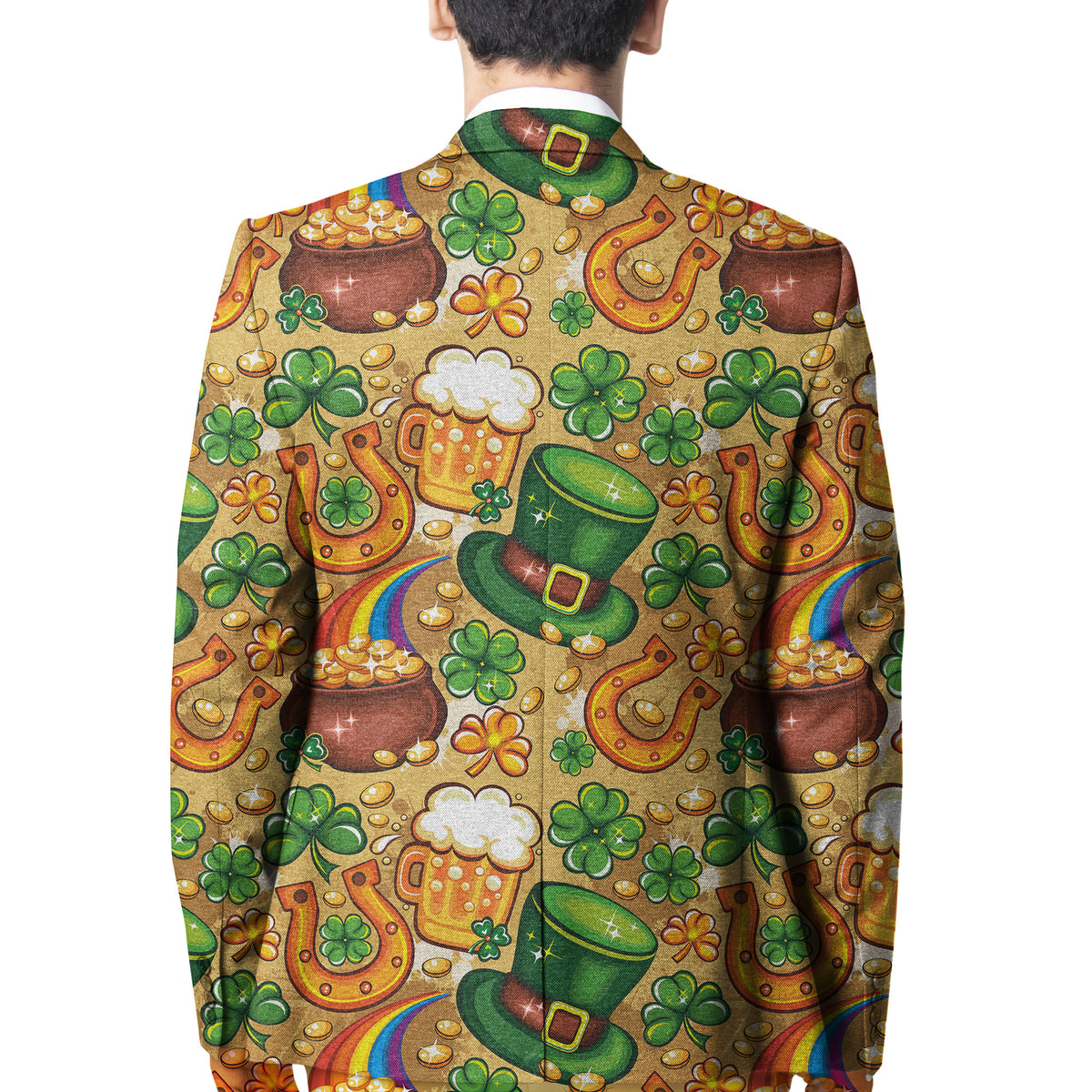 St Patrick's Day blazer back with shamrock, beer and horseshoe novelty print