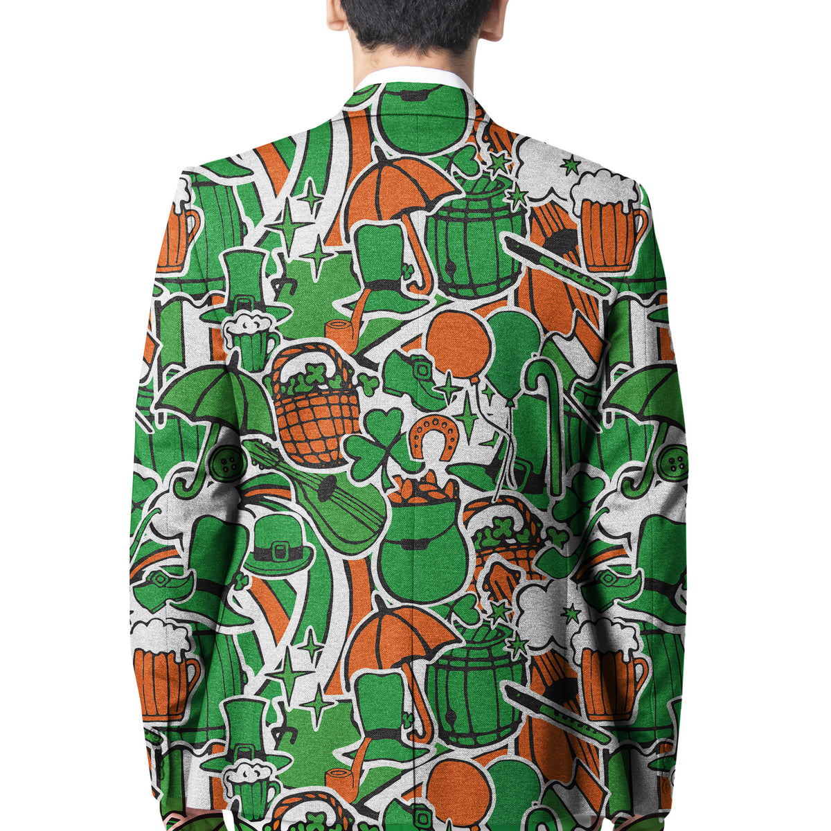 Green St Patrick’s Day blazer, back view with beer-and-shamrock graphic print