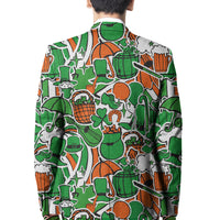 Green St Patrick’s Day blazer, back view with beer-and-shamrock graphic print