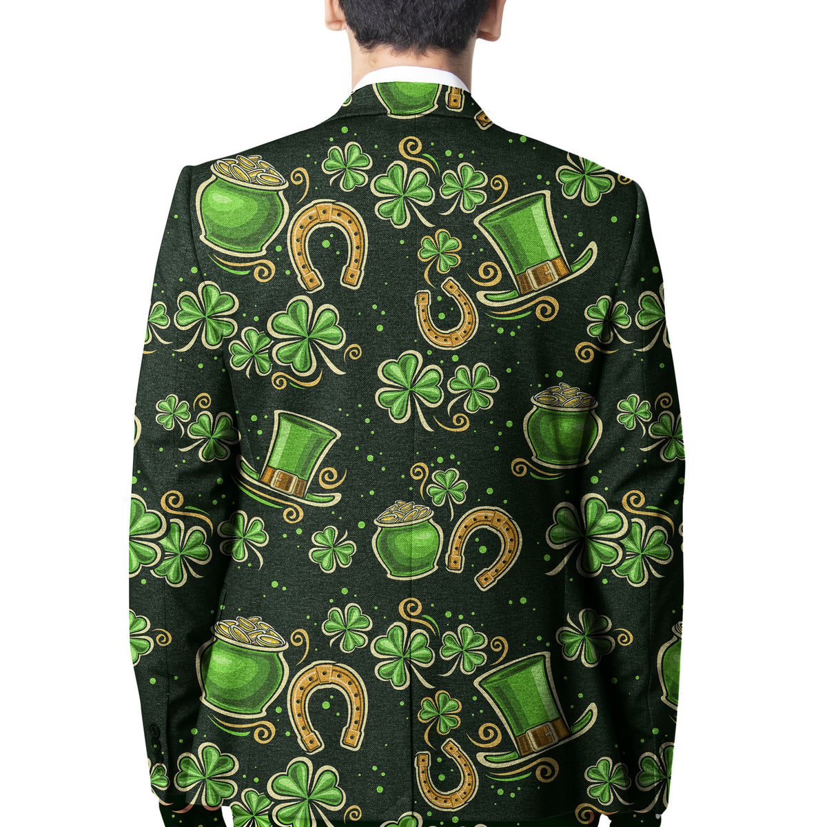 Unisex blazer with dark green shamrock and horseshoe print, full back view