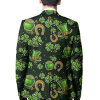 Unisex blazer with dark green shamrock and horseshoe print, full back view