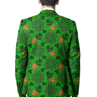 Green blazer back with all-over shamrock, hat, and horseshoe pattern