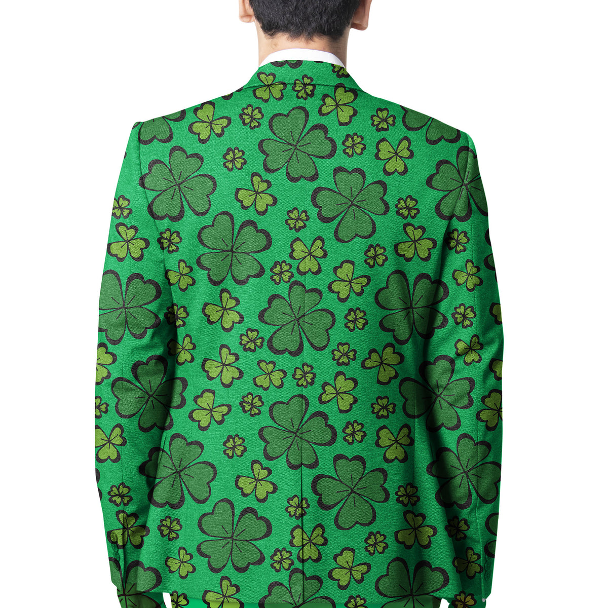 St Patrick's Day green blazer back view with shamrock pattern all over