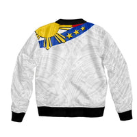 White bomber jacket back with black ribbed trim and colorful fan-style Pilipinas design
