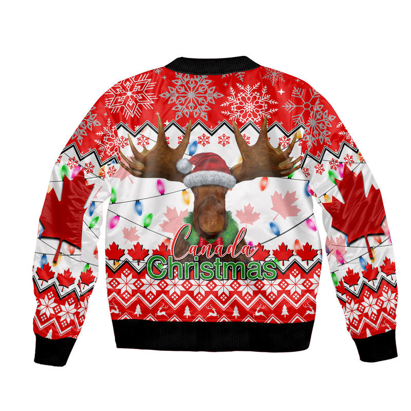 Red bomber jacket with black ribbed hem, Canada Christmas moose head print on back