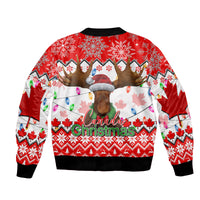 Red bomber jacket with black ribbed hem, Canada Christmas moose head print on back