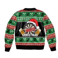 Christmas bomber jacket back in green and black with dartboard darts graphic, ribbed hem