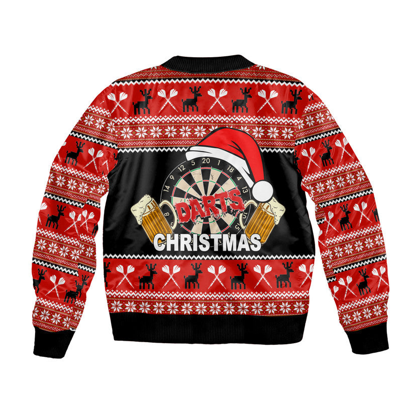Red and black Christmas bomber jacket, back graphic with darts, clock wheel, and text