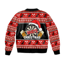 Red and black Christmas bomber jacket, back graphic with darts, clock wheel, and text