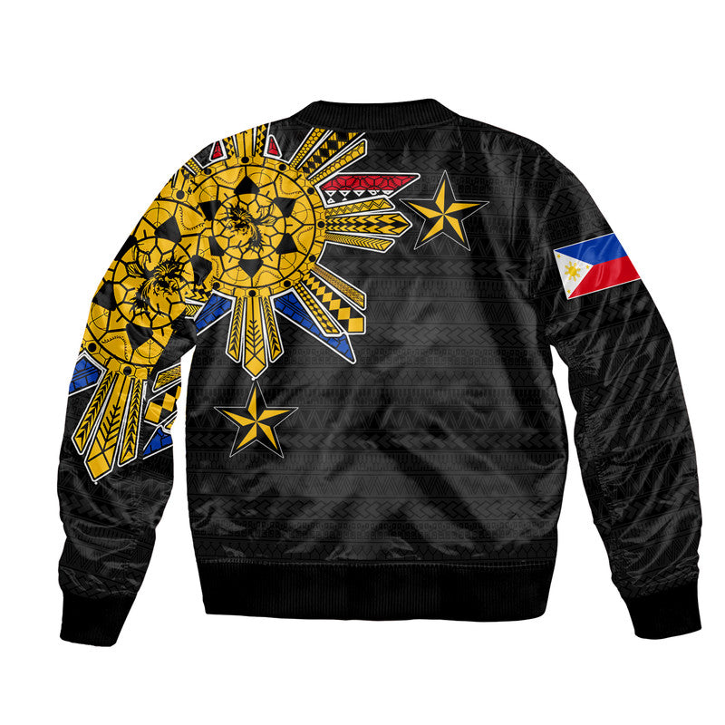 Black bomber jacket with tribal back print of sun, stars and geometric pattern