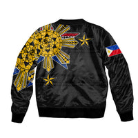Black bomber jacket with tribal back print of sun, stars and geometric pattern