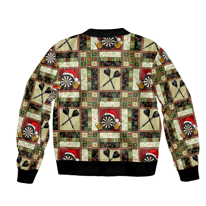 Bomber jacket with Christmas dart patchwork print, black ribbed hem and cuffs