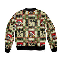 Bomber jacket with Christmas dart patchwork print, black ribbed hem and cuffs