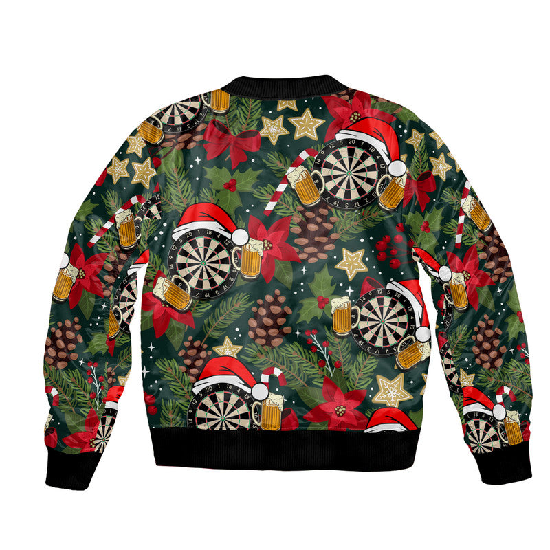 Unisex bomber jacket with dark base; holiday darts, beer mugs, poinsettias and stars pattern