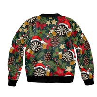 Unisex bomber jacket with dark base; holiday darts, beer mugs, poinsettias and stars pattern