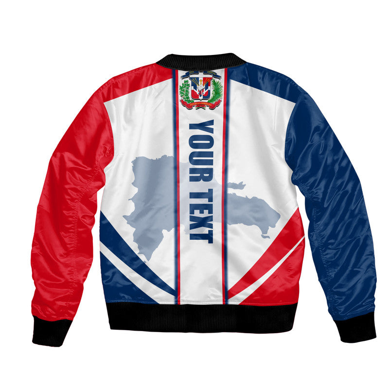 Unisex bomber jacket with white, red and blue panels; back graphic with crest and text