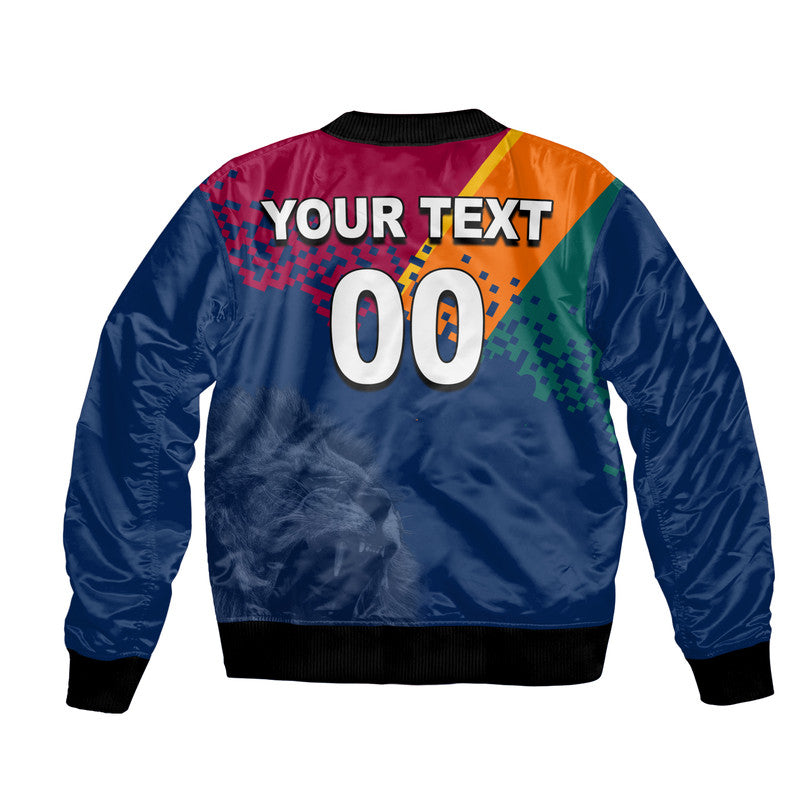 Blue bomber jacket with back graphic text YOUR TEXT and large number 00