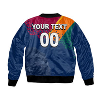Blue bomber jacket with back graphic text YOUR TEXT and large number 00