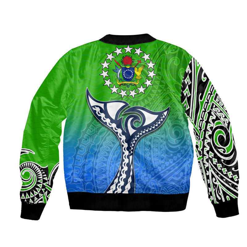 Green unisex bomber jacket back print with large Polynesian turtle motif, ribbed hem