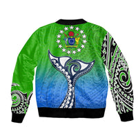 Green unisex bomber jacket back print with large Polynesian turtle motif, ribbed hem