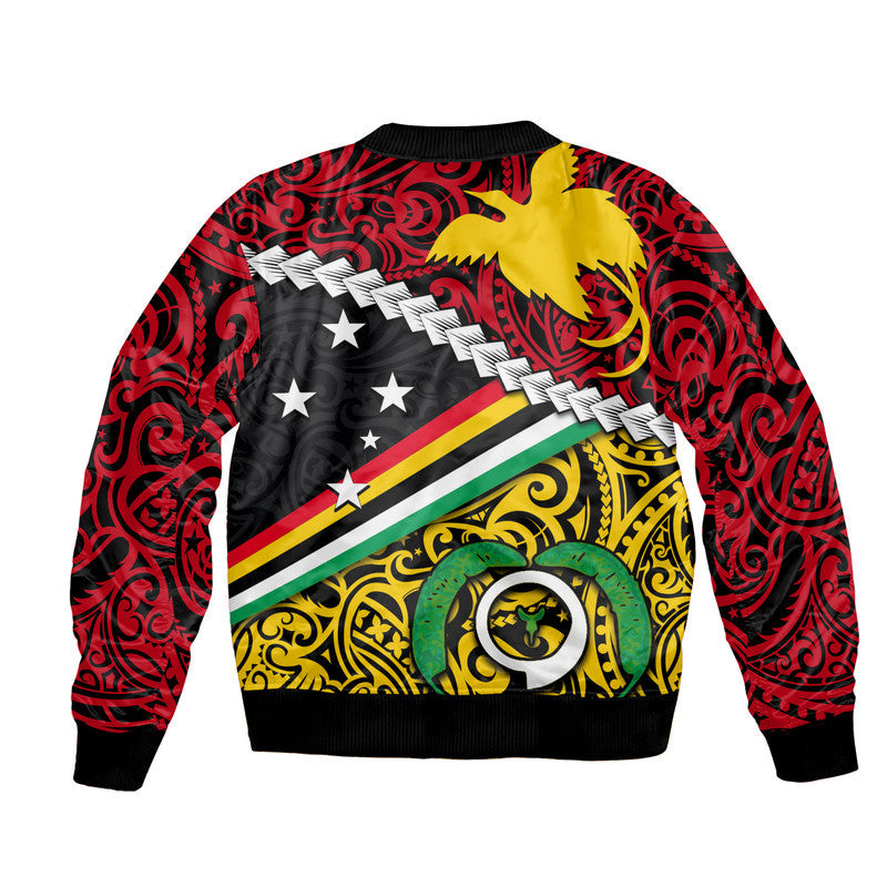 Unisex multicolor bomber jacket, back view, large crescent star graphic with rainbow stripe